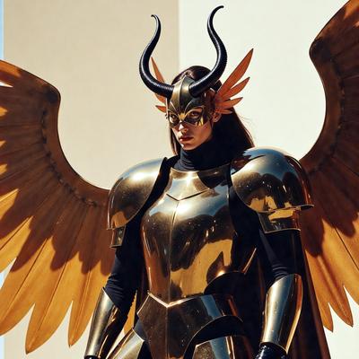 The primary subject of the image is a woman dressed in a gold and black costume, wearing a horned helmet. She is standing in front of a building, which serves as the setting for the scene. The visual style of the image is a combination of photo and digital art, creating a unique and intriguing appearance. The woman's costume and the horned helmet give the image a fantasy and mythical atmosphere, with the gold and black colors adding a sense of luxury and sophistication.